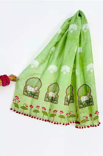 Cotton maslin picwai print stall dupatta wear on gown lehenga choli and dress