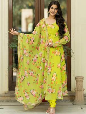 Floral Printed Regular Gotta Patti Kurta With Churidar & Dupatta 1