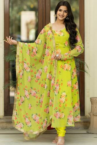 Floral Printed Regular Gotta Patti Kurta With Churidar & Dupatta