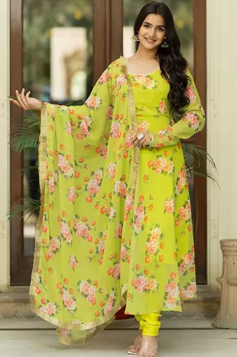 Floral Printed Regular Gotta Patti Kurta With Churidar & Dupatta