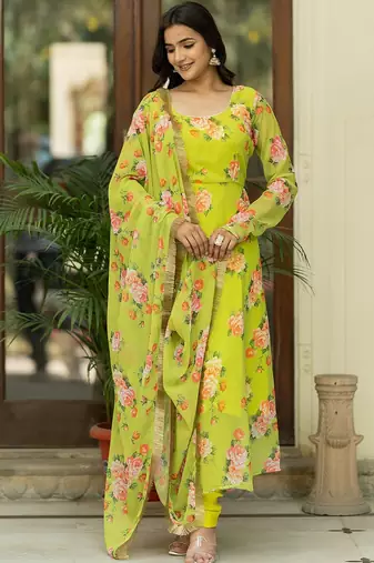 Floral Printed Regular Gotta Patti Kurta With Churidar & Dupatta
