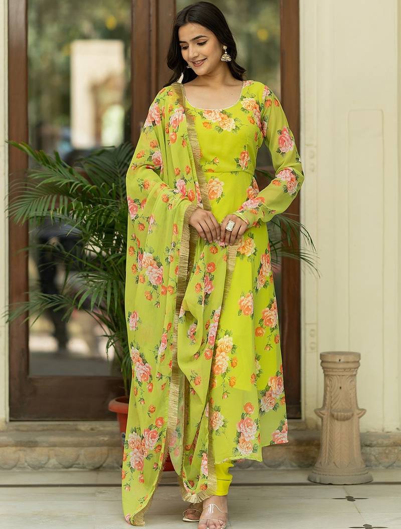 Floral Printed Regular Gotta Patti Kurta With Churidar & Dupatta