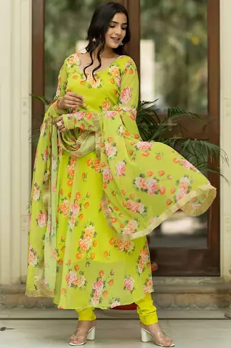 Floral Printed Regular Gotta Patti Kurta With Churidar & Dupatta