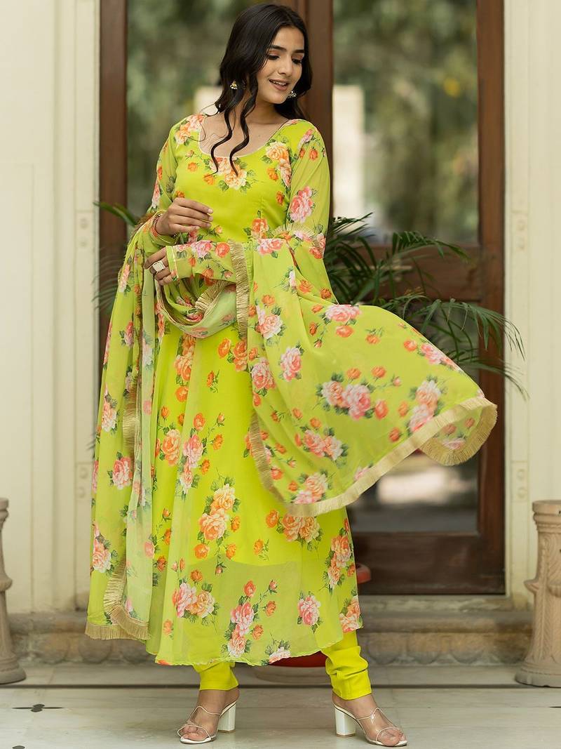 Floral Printed Regular Gotta Patti Kurta With Churidar & Dupatta