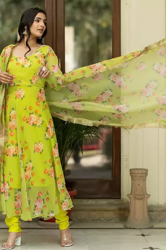 Floral Printed Regular Gotta Patti Kurta With Churidar & Dupatta