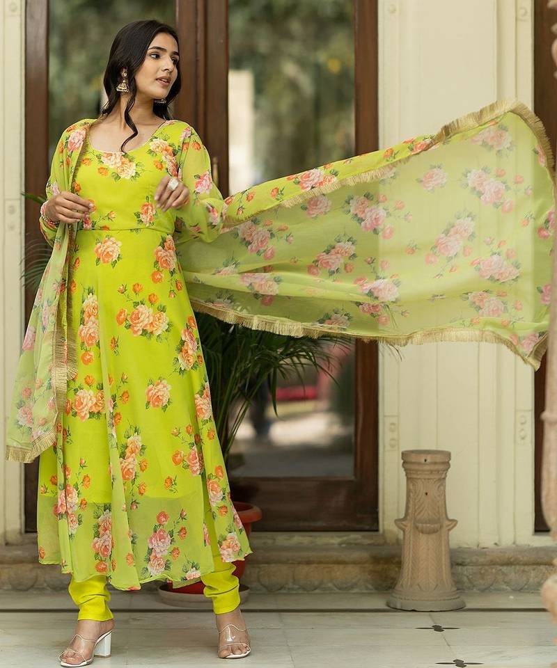Floral Printed Regular Gotta Patti Kurta With Churidar & Dupatta