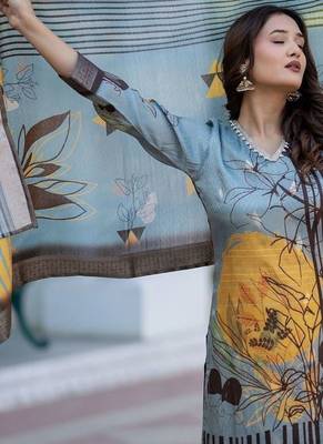Women Floral Printed Regular Chanderi Silk Kurta with Trousers & With Dupatta 6