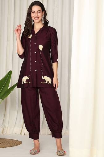 Conversational Printed Shirt Collar Pure Silk Kurta With Salwar
