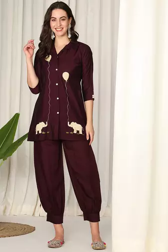 Conversational Printed Shirt Collar Pure Silk Kurta With Salwar