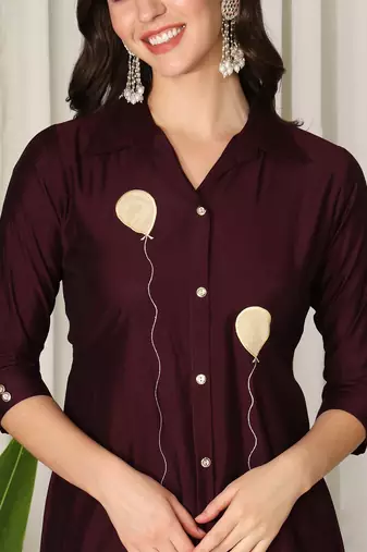 Conversational Printed Shirt Collar Pure Silk Kurta With Salwar