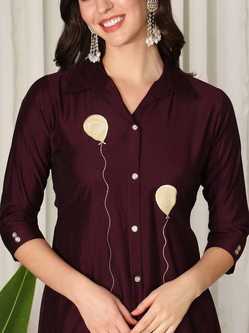 Conversational Printed Shirt Collar Pure Silk Kurta With Salwar