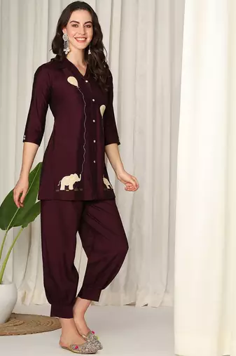 Conversational Printed Shirt Collar Pure Silk Kurta With Salwar