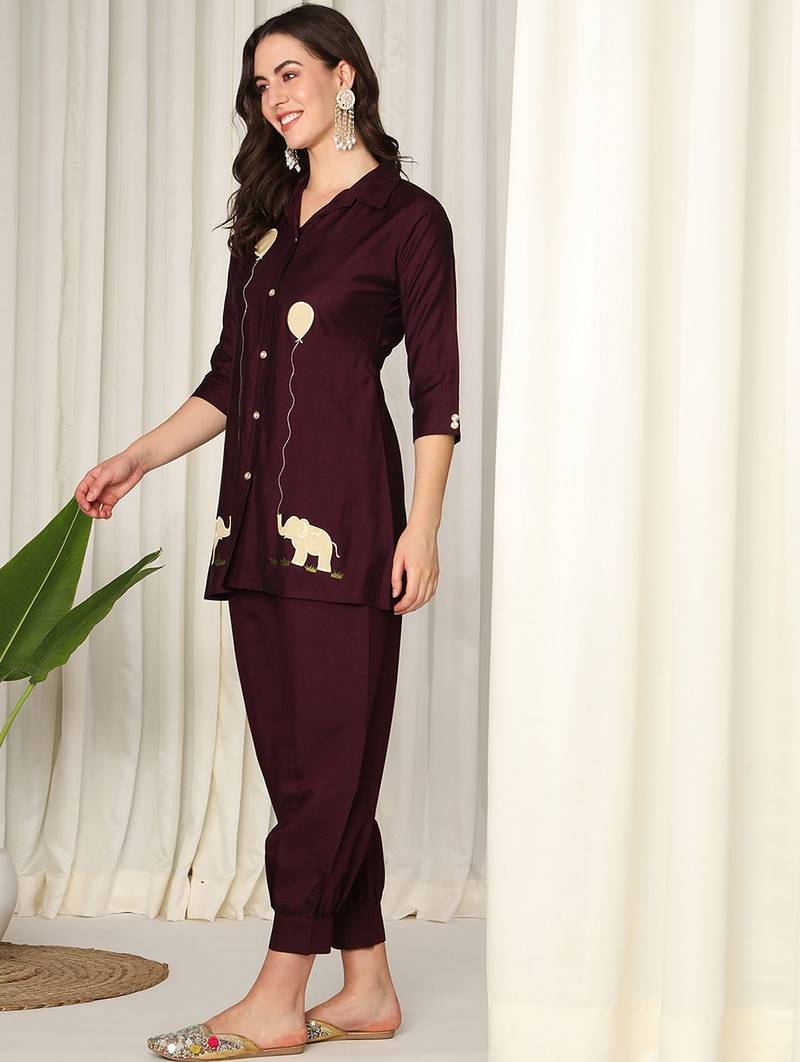 Conversational Printed Shirt Collar Pure Silk Kurta With Salwar