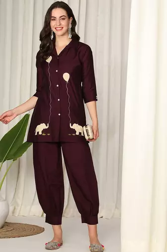 Conversational Printed Shirt Collar Pure Silk Kurta With Salwar