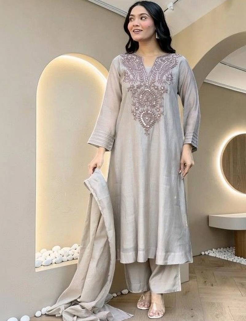 Women Ethnic Motifs Embroidered Regular Sequinned Pure Cotton Kurta with Trousers & With Dupatta