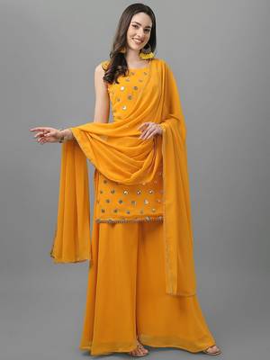 Women Yellow Ethnic Motifs Embroidered Sequinned Kurti with Sharara & With Dupatta 1