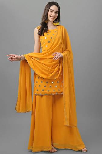 Women Yellow Ethnic Motifs Embroidered Sequinned Kurti with Sharara & With Dupatta