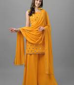 Women Yellow Ethnic Motifs Embroidered Sequinned Kurti with Sharara & With Dupatta