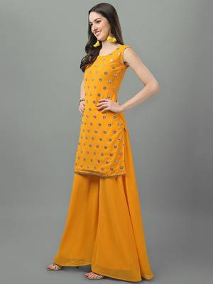 Women Yellow Ethnic Motifs Embroidered Sequinned Kurti with Sharara & With Dupatta 4