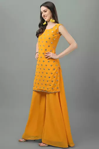 Women Yellow Ethnic Motifs Embroidered Sequinned Kurti with Sharara & With Dupatta