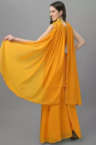 Women Yellow Ethnic Motifs Embroidered Sequinned Kurti with Sharara & With Dupatta
