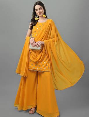 Women Yellow Ethnic Motifs Embroidered Sequinned Kurti with Sharara & With Dupatta 6