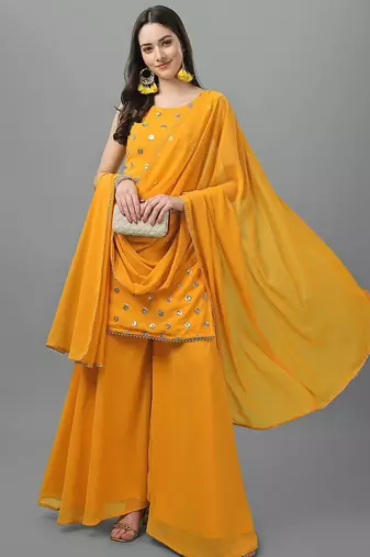 Women Yellow Ethnic Motifs Embroidered Sequinned Kurti with Sharara & With Dupatta