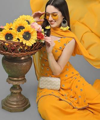 Women Yellow Ethnic Motifs Embroidered Sequinned Kurti with Sharara & With Dupatta 7