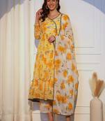 Floral Printed Pleated Angrakha Kurta with Trousers and Dupatta