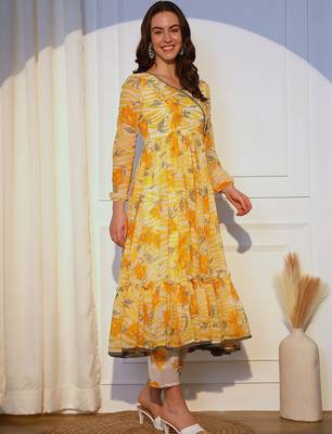 Floral Printed Pleated Angrakha Kurta with Trousers and Dupatta 3