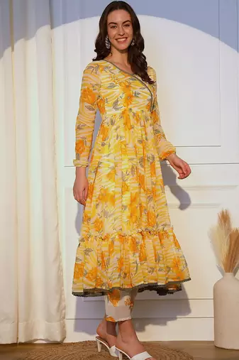 Floral Printed Pleated Angrakha Kurta with Trousers and Dupatta
