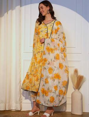 Floral Printed Pleated Angrakha Kurta with Trousers and Dupatta 4