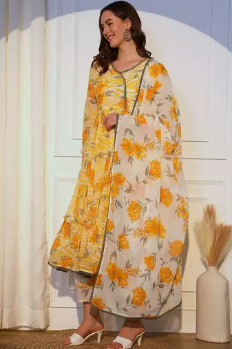 Floral Printed Pleated Angrakha Kurta with Trousers and Dupatta