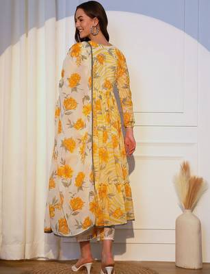Floral Printed Pleated Angrakha Kurta with Trousers and Dupatta 5