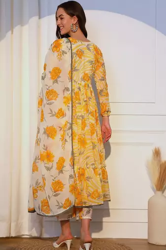 Floral Printed Pleated Angrakha Kurta with Trousers and Dupatta