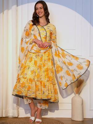 Floral Printed Pleated Angrakha Kurta with Trousers and Dupatta 6