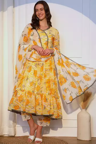 Floral Printed Pleated Angrakha Kurta with Trousers and Dupatta
