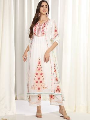 Floral Embroidered Mirror Work Kurta With Palazzos & Dupatta 1