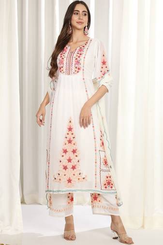 Floral Embroidered Mirror Work Kurta With Palazzos & Dupatta