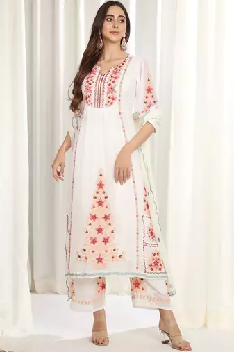 Floral Embroidered Mirror Work Kurta With Palazzos & Dupatta