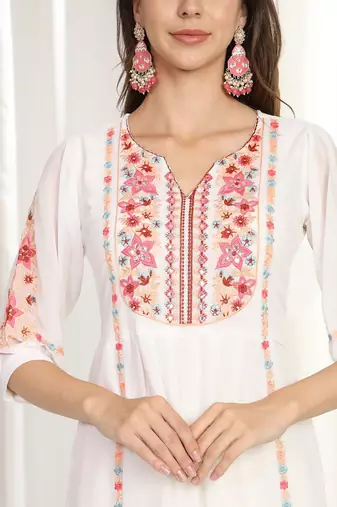 Floral Embroidered Mirror Work Kurta With Palazzos & Dupatta