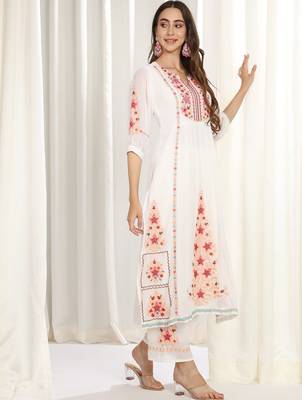 Floral Embroidered Mirror Work Kurta With Palazzos & Dupatta 3