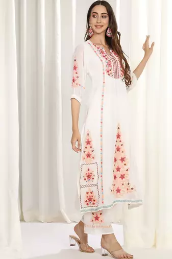 Floral Embroidered Mirror Work Kurta With Palazzos & Dupatta