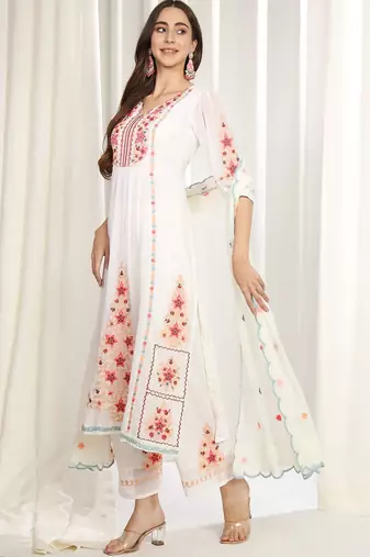 Floral Embroidered Mirror Work Kurta With Palazzos & Dupatta