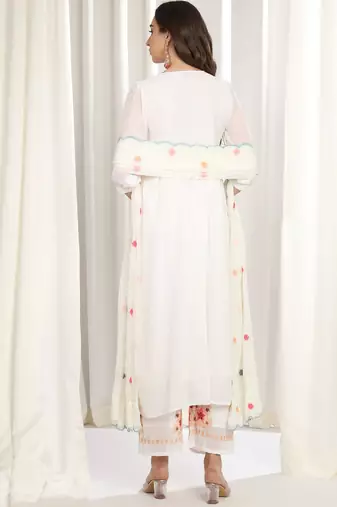 Floral Embroidered Mirror Work Kurta With Palazzos & Dupatta