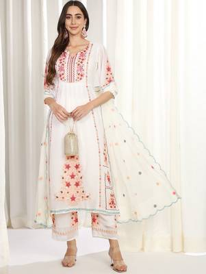 Floral Embroidered Mirror Work Kurta With Palazzos & Dupatta 6
