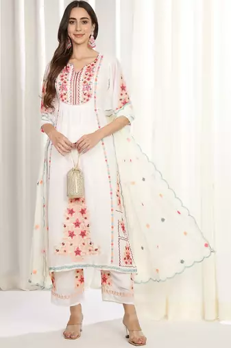 Floral Embroidered Mirror Work Kurta With Palazzos & Dupatta