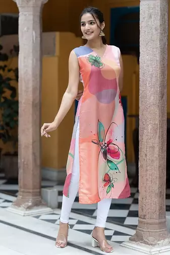 Floral Printed V-Neck Sleeveless Straight Kurta