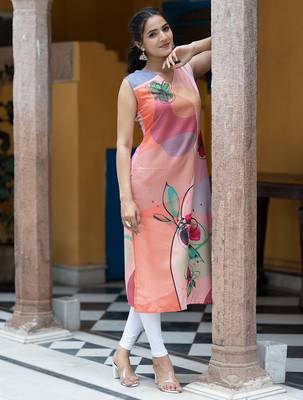 Floral Printed V-Neck Sleeveless Straight Kurta 4