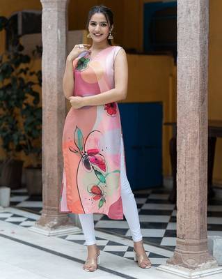 Floral Printed V-Neck Sleeveless Straight Kurta 5